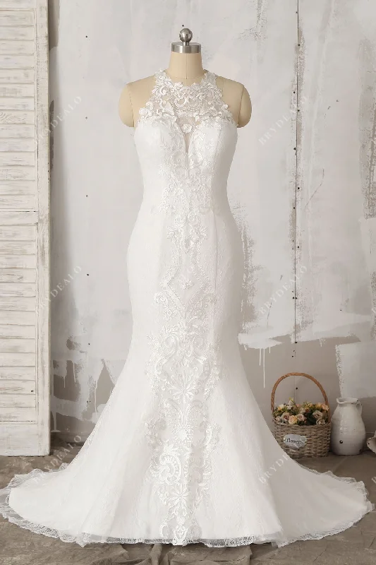 Sleeveless Stylish Lace Illusion Halter Mermaid Wedding Dress