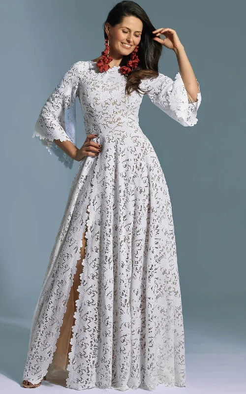 Boho Gown Lace Jewel NeckLine Romantic A-Line Wedding Dress With Zipper Back And Split Front-716561