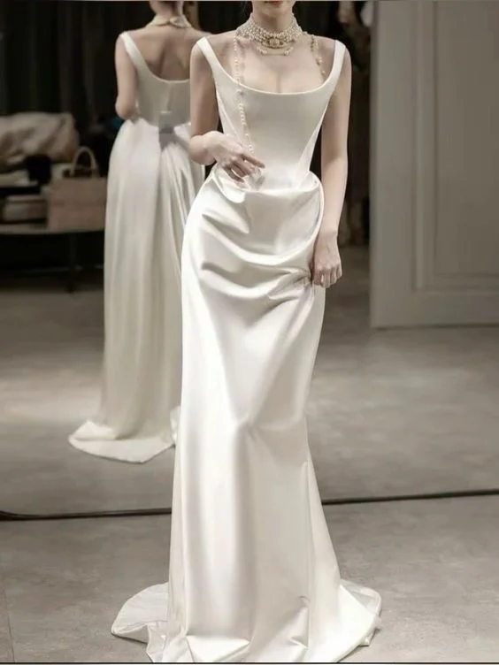 Hand-Beaded Gown Simple Mermaid White Prom Dresses Wedding Dress     fg6083