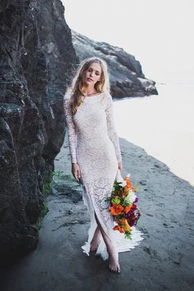 Off-Shoulder Lace Gown Lace Sheath Front Split Fitted Long Sleeve Bridal Gown-715741 Off-Shoulder Lace Gown Lace Sheath Front Split Fitted Long Sleeve Bridal Gown-715741