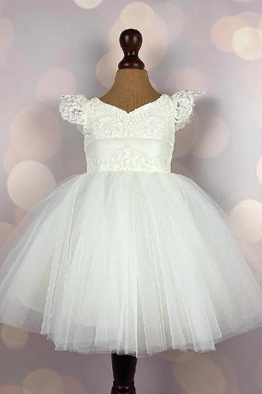 Graceful Wedding Dress Lace Top V-Neck Ivory Flower Girl Dress