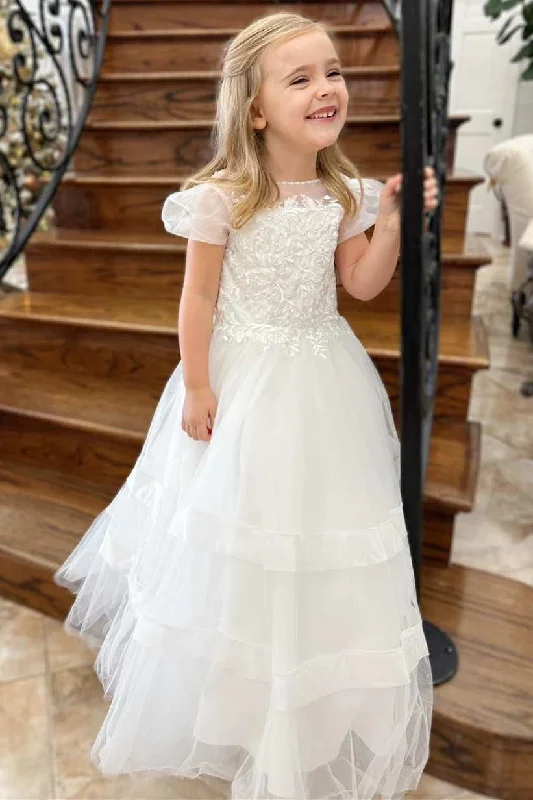 Hand-Stitched Lace Dress Lace-Up White Long Flower Girl Dress with Balloon Sleeves