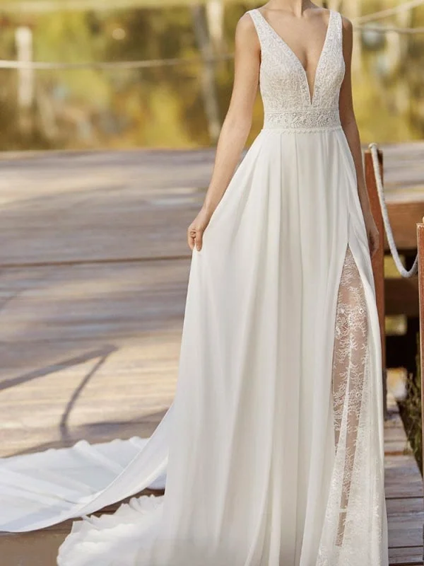 Tailored Wedding Dress Lace Wedding Dress With Train A-Line Sleeveless Chiffon Illusion Neckline Long Bridal Gowns Tailored Wedding Dress Lace Wedding Dress With Train A-Line Sleeveless Chiffon Illusion Neckline Long Bridal Gowns
