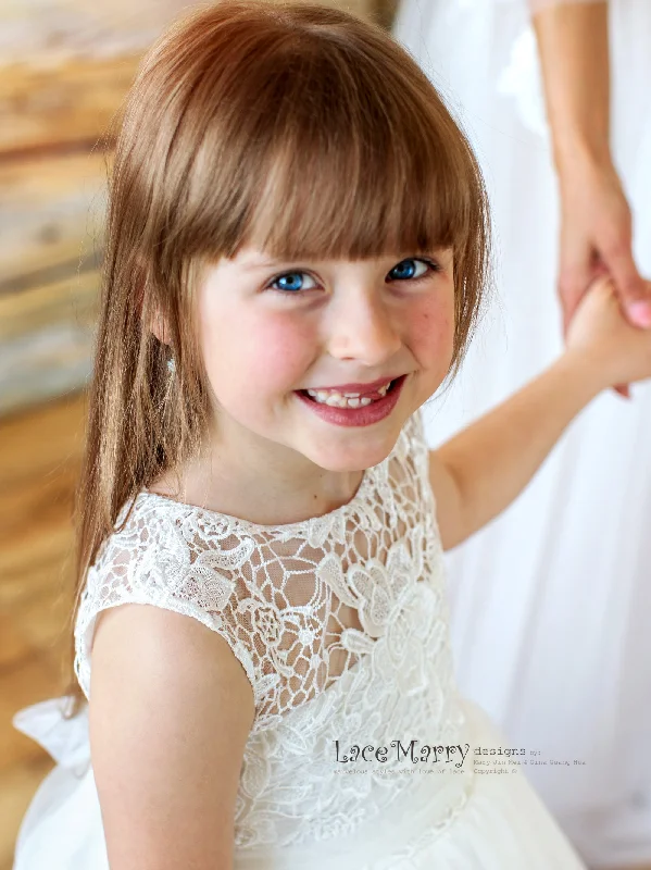 Regal Satin Gown LANA / Rustic Flower Girl Dress with Ivory Lace