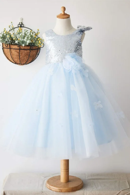 Sheer Sleeve Dress Light Blue Tulle Flower Girl Dress with Sequined Top