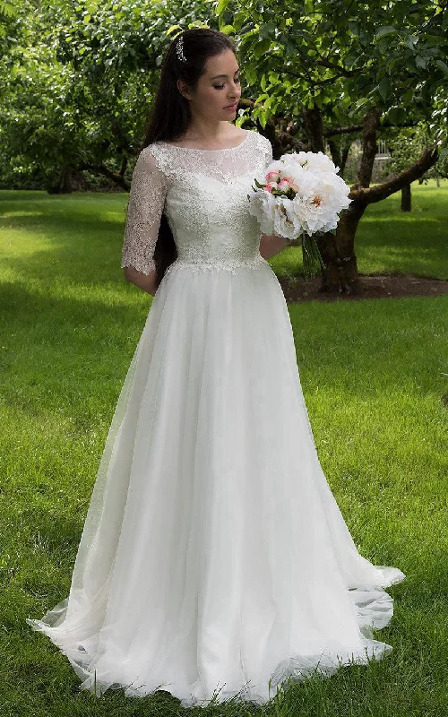 Layered Tulle Dress Long A-Line Tulle and Lace Wedding Dress With Elbow Sleeves-ET_711161 Layered Tulle Dress Long A-Line Tulle and Lace Wedding Dress With Elbow Sleeves-ET_711161