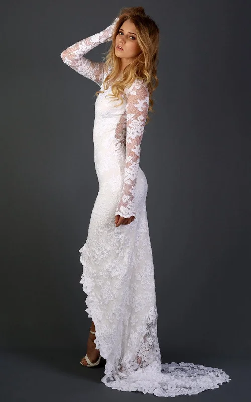 Luxury Gown Long Sleeve Chapel Train Lace Dress With Appliques Flower-712308