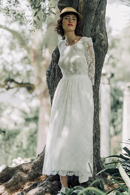 Graceful Wedding Dress Long Sleeve Vintage Tea-length Lace Wedding Dress With And V-back-715779 Graceful Wedding Dress Long Sleeve Vintage Tea-length Lace Wedding Dress With And V-back-715779