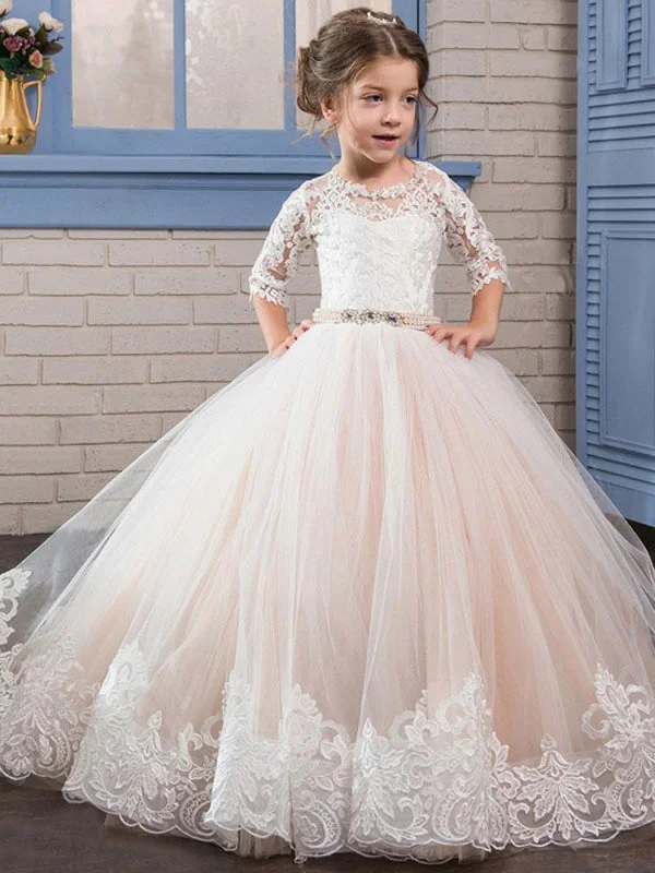 Long Sleeves Floor-Length Embroidered Princess Flower Girl Dresses Jewel Neck Lace  Silhouette Formal Kids Pageant Dresses