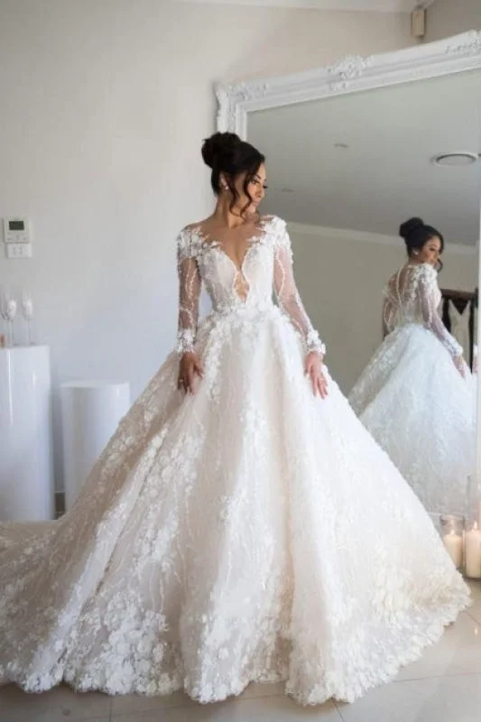 Handcrafted Wedding Gown Long Sleeves Floral Lace Bridal Gown V-Neck Wedding Dress Handcrafted Wedding Gown Long Sleeves Floral Lace Bridal Gown V-Neck Wedding Dress