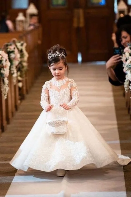 Long Sleeves Princess Long Lace Flower Girl Dresses