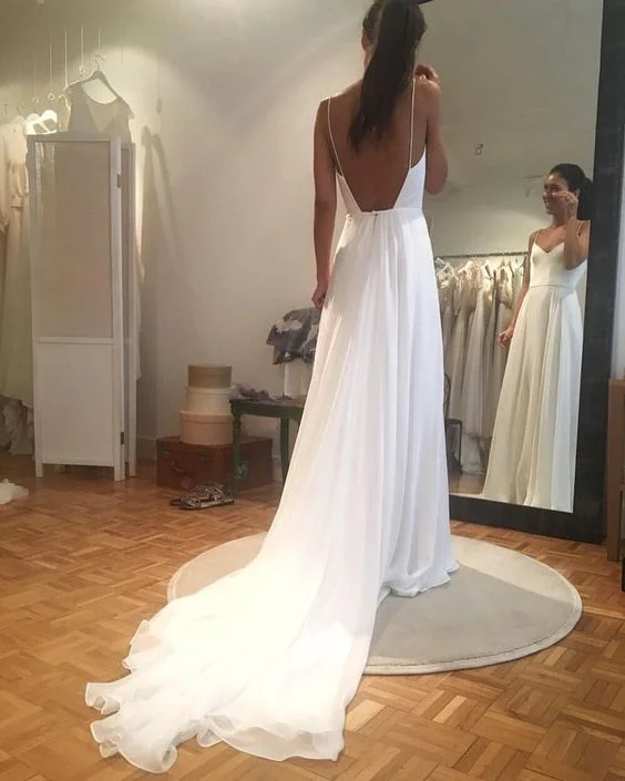 Shimmering Satin Dress Long Spaghetti Strap A-line V-Neck White Wedding Dress fg6441 Shimmering Satin Dress Long Spaghetti Strap A-line V-Neck White Wedding Dress fg6441