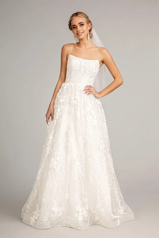 Long Spaghetti Strap Floral Mesh Wedding Dress