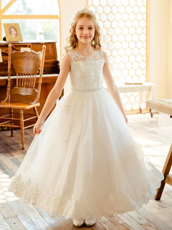 Lovely Ivory Tulle Lace Flower Girl Dresses Sleeveless Princess Dresses for Kids