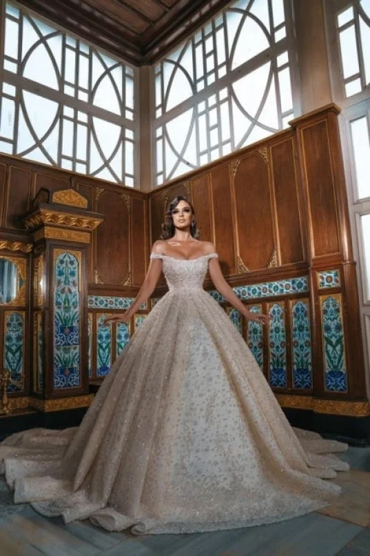 Flowy Chiffon Dress Luxurious Off-the-Shoulder Crystals Ball Gown with Front Slit Chapel Train Wedding Dress Flowy Chiffon Dress Luxurious Off-the-Shoulder Crystals Ball Gown with Front Slit Chapel Train Wedding Dress