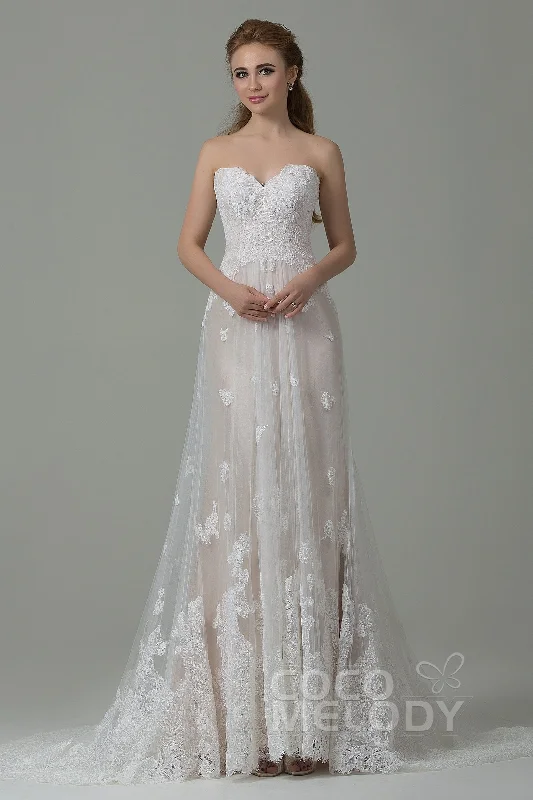 Classic Satin Dress Sheath-Column Court Train Tulle Lace Wedding Dress CWZT15008