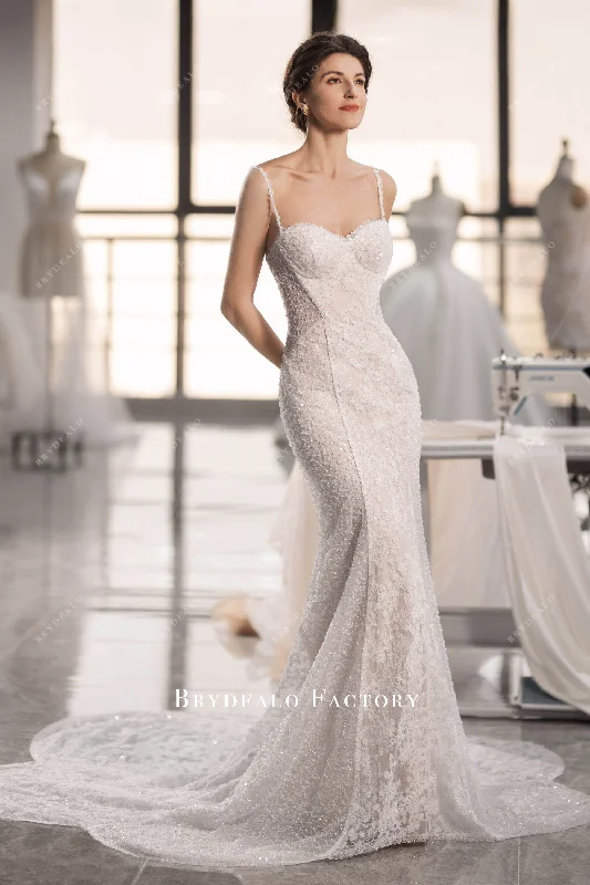 Exquisite Gown Beaded Flower Lace Cutout Train Wedding Dress