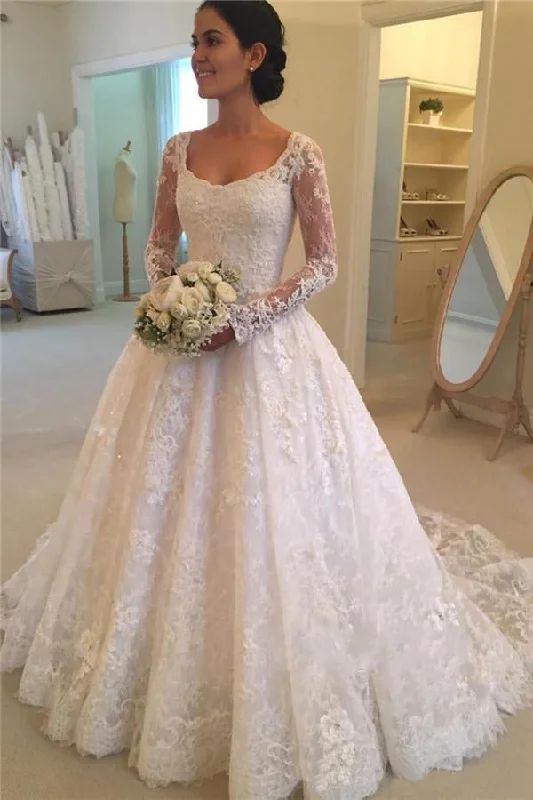 Luxury Lace And Tulle Illusion Sleeve Ball Gown Princess Wedding Dress-715712