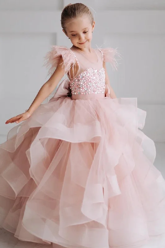 Off-Shoulder Lace Gown Luxury Pink Girl Dress With Ruffles
