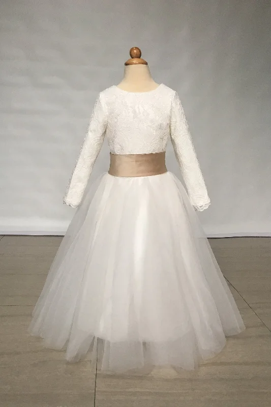 lvory Lace Long Sleeve Flower Girl Dress with Belt