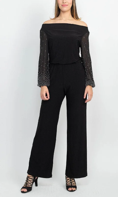 Marina 267261 - Off Shoulder Embellished Long Sleeve Jumpsuit