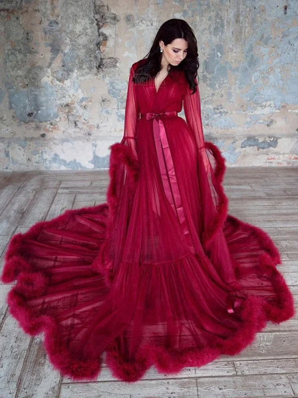 Dramatic Train Gown Maternity Wedding Dress Burgundy V-Neck Long Sleeves Tulle Long Bridge Gowns With Train Dramatic Train Gown Maternity Wedding Dress Burgundy V-Neck Long Sleeves Tulle Long Bridge Gowns With Train