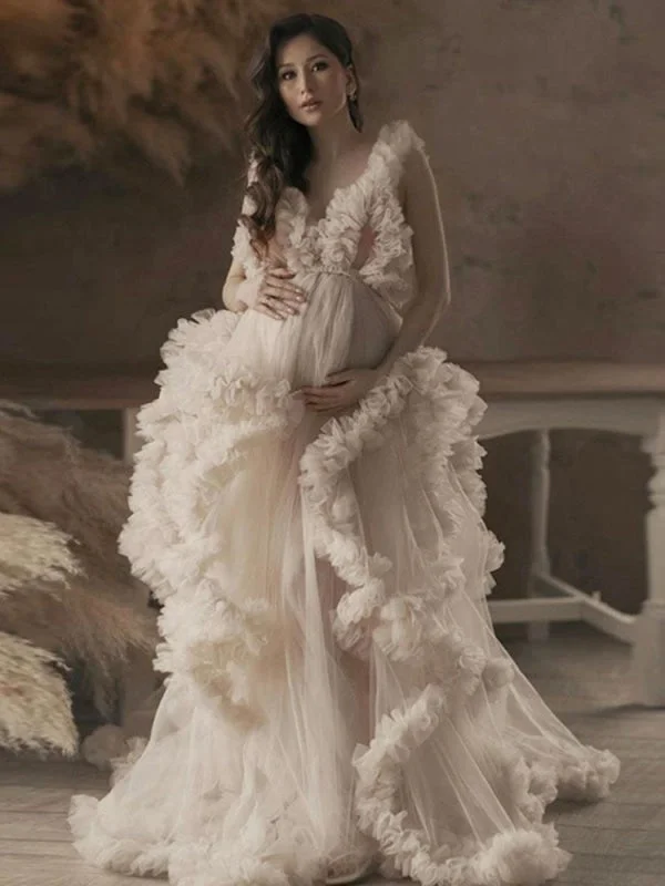 Vintage Gown Maternity Wedding Dress Ecru White V-Neck Sleeveless Tulle Long Bridge Gowns With Train Vintage Gown Maternity Wedding Dress Ecru White V-Neck Sleeveless Tulle Long Bridge Gowns With Train