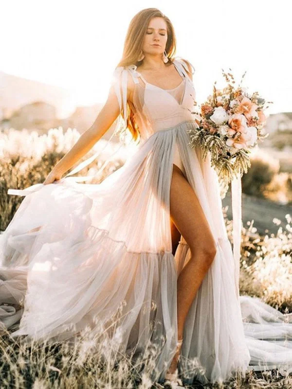 Embroidered Satin Dress Maternity Wedding Dress Light Grey V-Neck Sleeveless Tulle Long Bridge Gowns With Train Embroidered Satin Dress Maternity Wedding Dress Light Grey V-Neck Sleeveless Tulle Long Bridge Gowns With Train