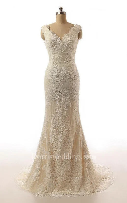 Shimmering Dress Mermaid Cap Sleeve Sweep Train Lace Weddig Dress