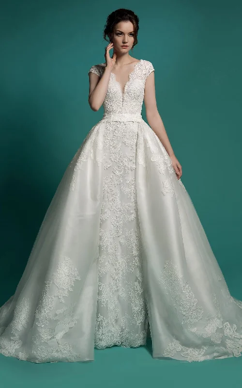 Mermaid Floor-Length V-Neck Cap-Sleeve Zipper Lace Dress With Sash And Detachable Train-714203