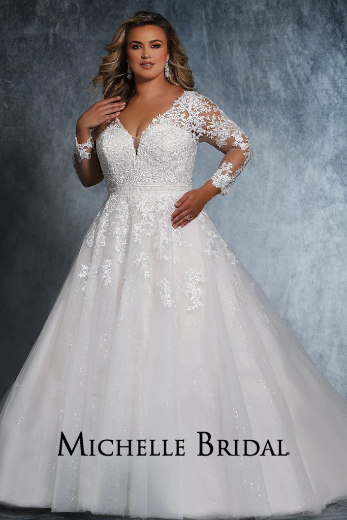 Michelle Bridal For Sydney's Closet MB2110 A-Line Long Sleeve Crystal Buttons Embroidered Floral Appliques V-Neck Plus Size "Cyndi" Bridal Gown