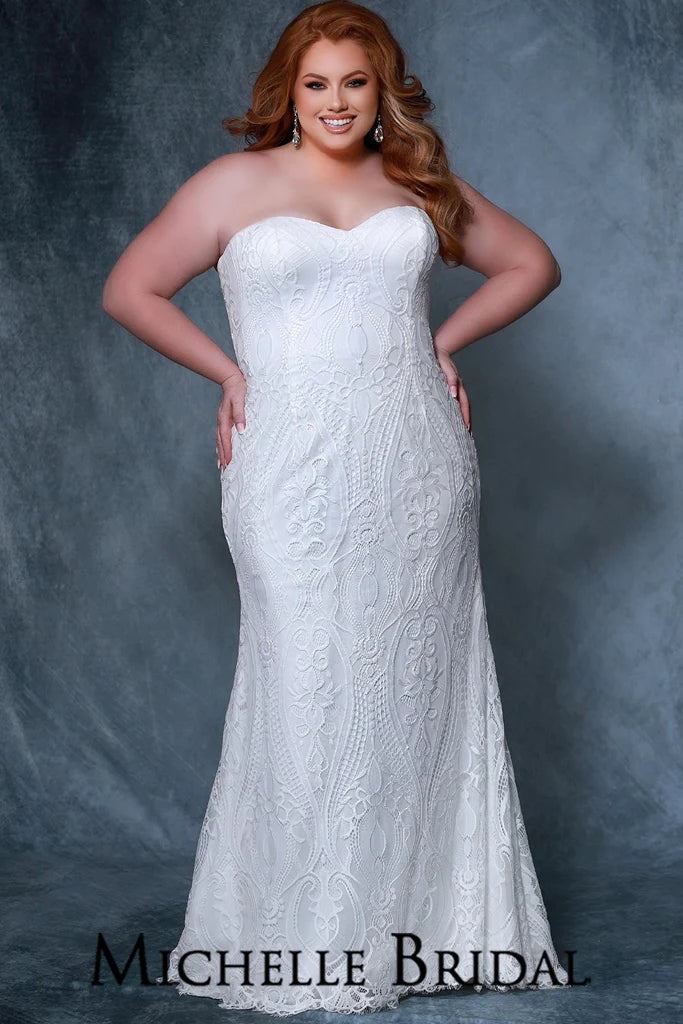 Michelle Bridal For Sydney's Closet MB2203 Fitted Silhouette Optional Lace Straps Contemporary Crochet Stretch Lace Ivory Tulle Plus Size "Margaux" Bridal Gown