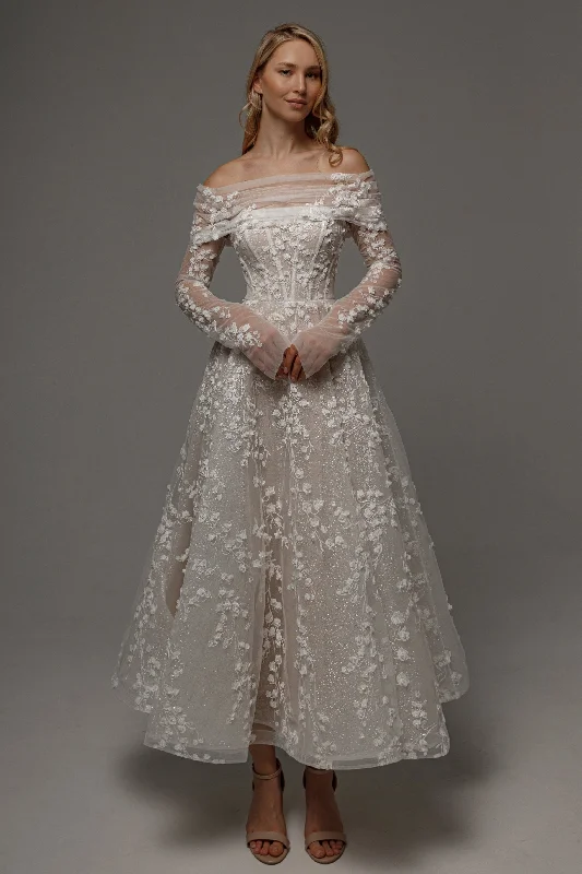 Layered Tulle Dress Floral Lace Wedding Dress Betty with Detachable Bolero
