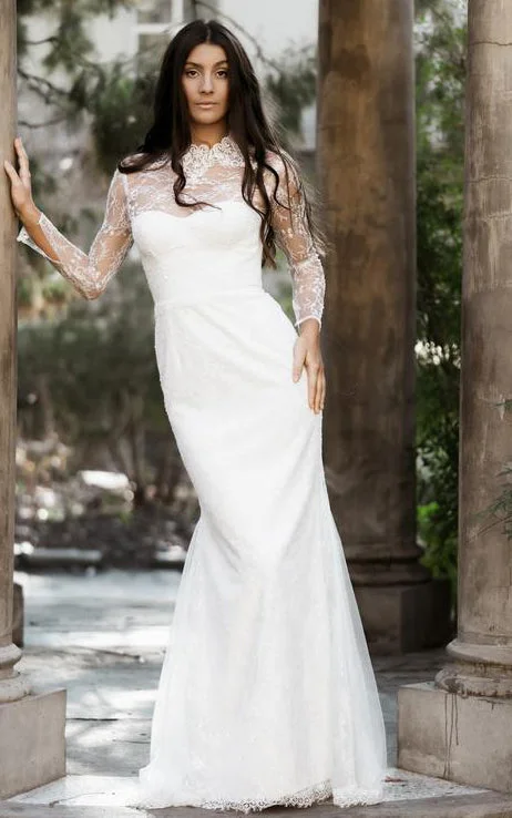Dreamy Lace Gown Modern High Neck Mermaid Long Sleeve Sweep Train Lace Wedding Dress with Keyhole Back-715903 Dreamy Lace Gown Modern High Neck Mermaid Long Sleeve Sweep Train Lace Wedding Dress with Keyhole Back-715903