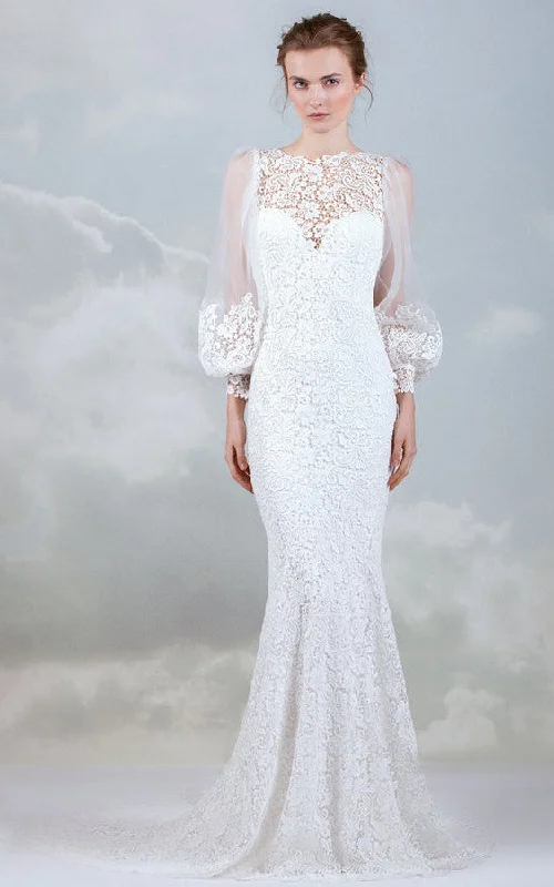 Gold Embroidered Dress Modern Lace Bateau Long Sleeve Wedding Dress With Low-V Back-716168 Gold Embroidered Dress Modern Lace Bateau Long Sleeve Wedding Dress With Low-V Back-716168