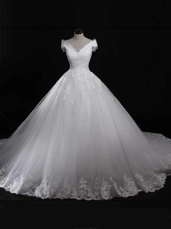 Ruched Bodice Dress Modest V-Neck Lace-Up Ball Gown Tulle Wedding Dresses