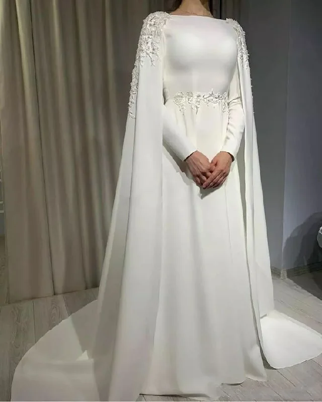 Stunning Wedding Gown Muslim Wedding Dress with Cape Long Sleeves Beading Plus Size Satin Bridal Gowns fg6020 Stunning Wedding Gown Muslim Wedding Dress with Cape Long Sleeves Beading Plus Size Satin Bridal Gowns fg6020
