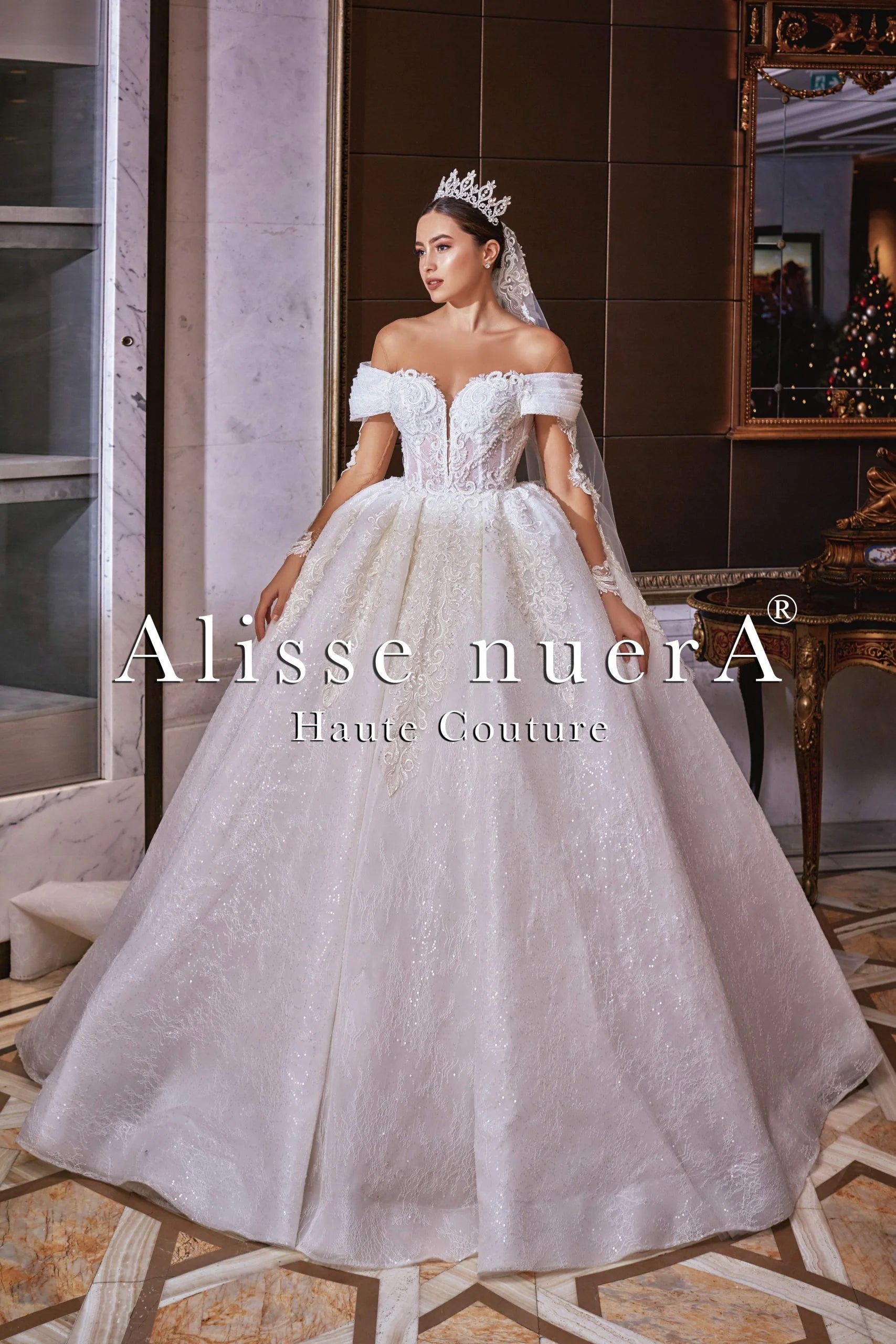 Modern Minimalist Gown Off Shoulder Puff Sleeve Shimmering Tulle and Lace Bridal Gown Modern Minimalist Gown Off Shoulder Puff Sleeve Shimmering Tulle and Lace Bridal Gown