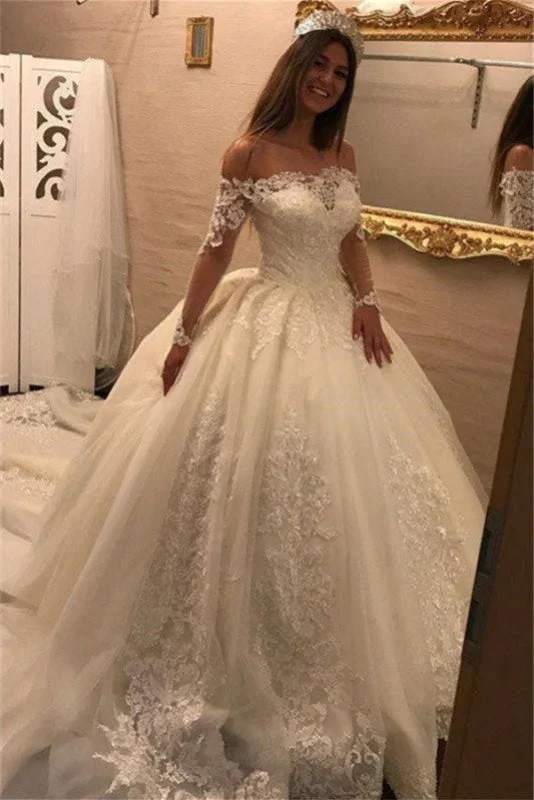 Luxury Lace Gown Off the Shoulder Long Sleeves Ball Gown Wedding Dress With Lace Appliques Luxury Lace Gown Off the Shoulder Long Sleeves Ball Gown Wedding Dress With Lace Appliques