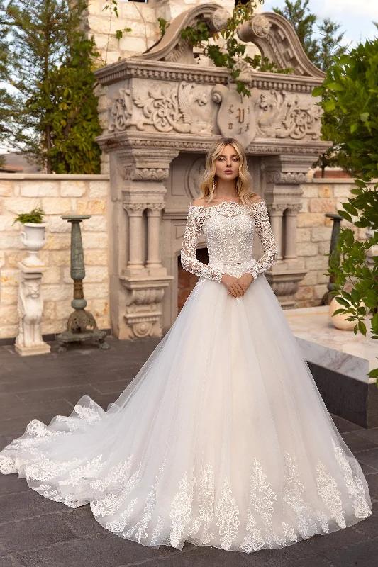 Unique Wedding Gown Off-the-shoulder Sash Illusion Long Sleeve And Button Back Ballgown Lace Tulle Wedding Dress-715889 Unique Wedding Gown Off-the-shoulder Sash Illusion Long Sleeve And Button Back Ballgown Lace Tulle Wedding Dress-715889