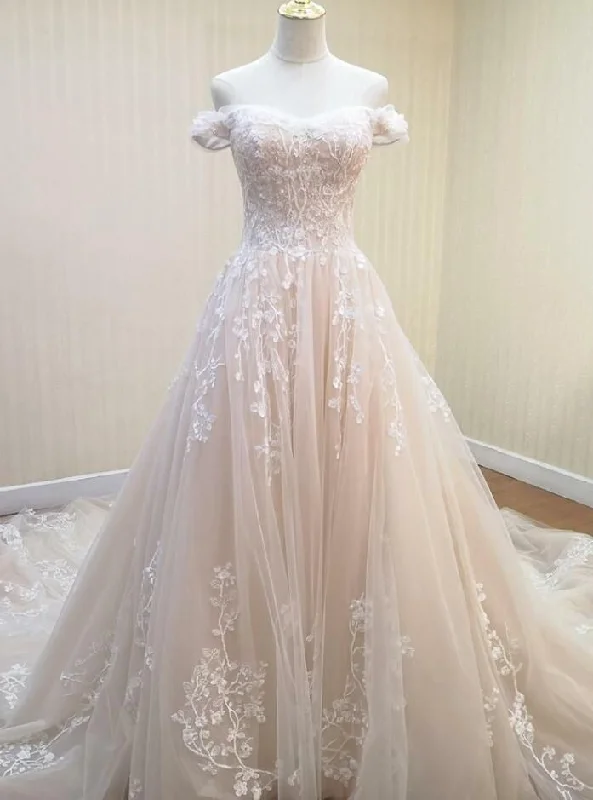 Stunning Wedding Gown Off The Shoulder Wedding Dress With Sweep Train     fg6601