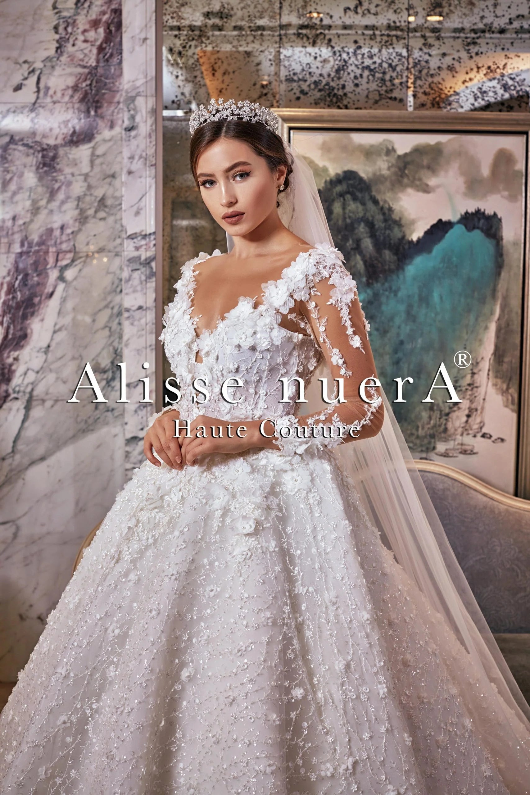 Empire Line Gown Off White 3D Floral Wedding Gown with Long Sleeve