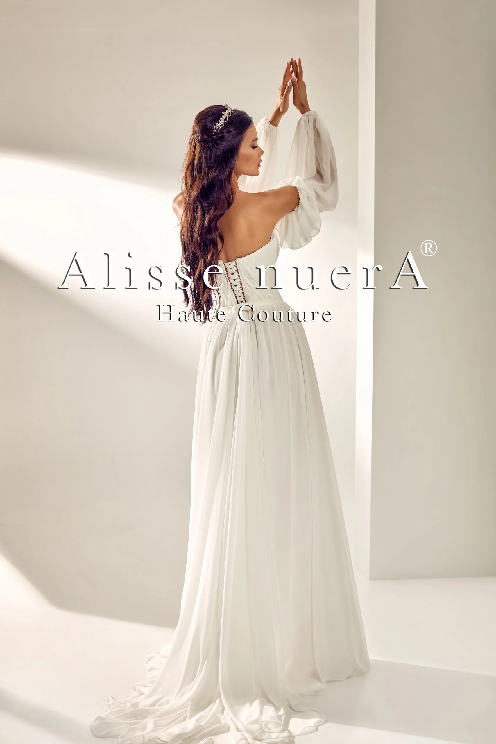 Sheer Sleeve Dress Off White Chiffon Wedding Dress with Leg Slit