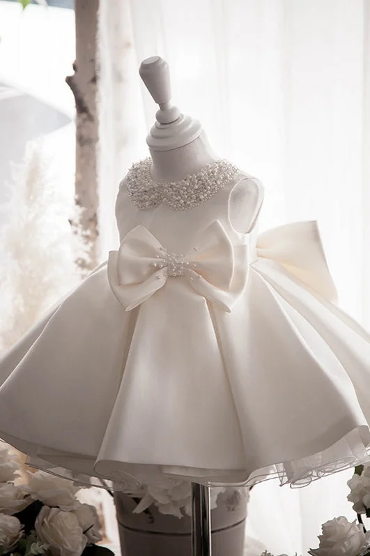 Backless Gown Off White Satin Ball Gown Flower Girl Dress With Pearls