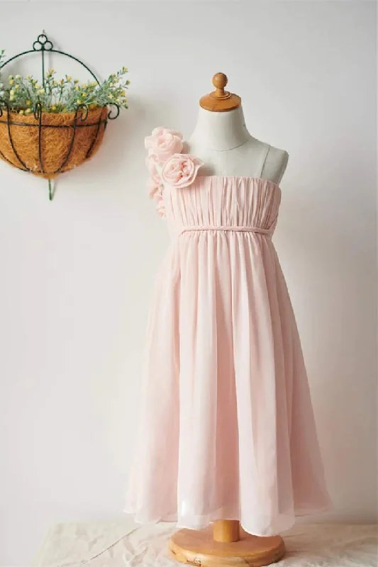 Sophisticated Dress One-Shoulder Blush Pink Chiffon Flower Girl Dress