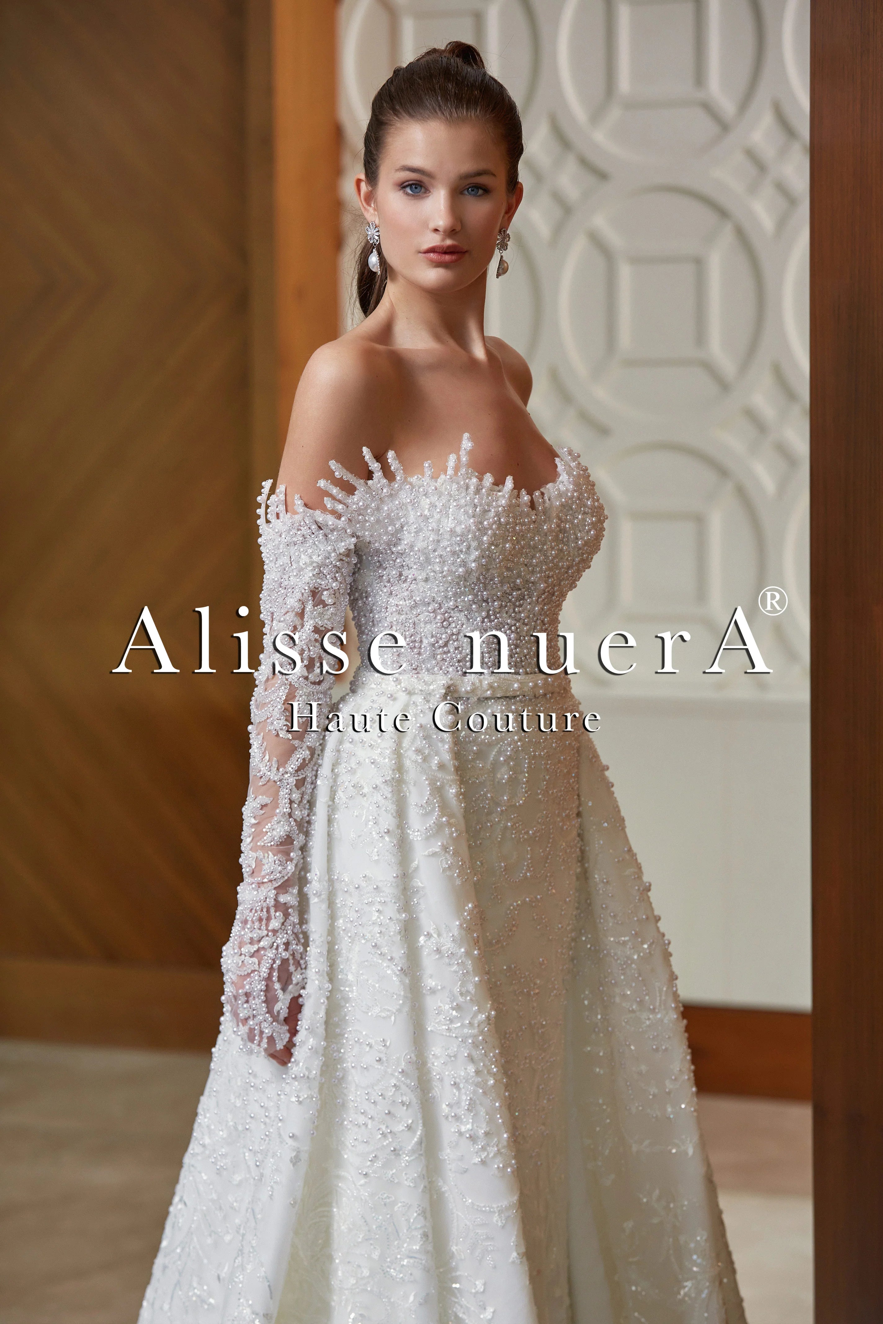 Ethereal Dress One Shoulder Long Sleeve Pearl Beaded Column Bridal Dress with Satin Overskirt