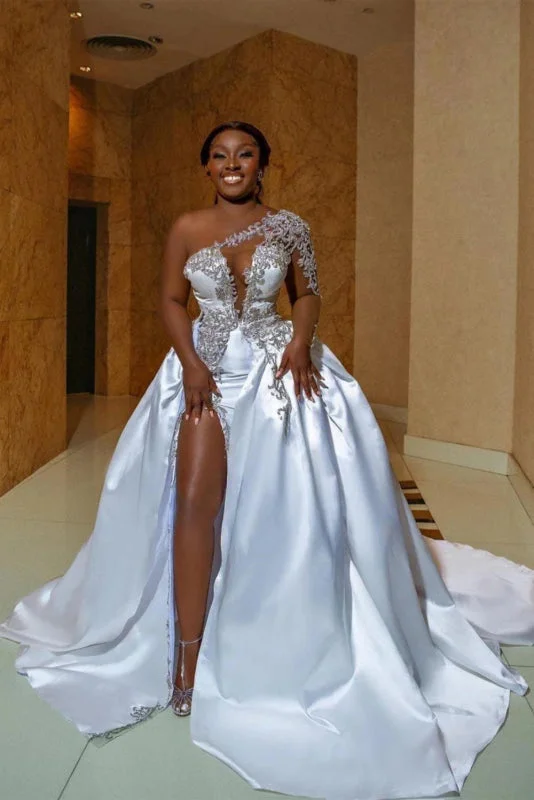 Traditional Gown One Shoulder Satin Aline Wedding Dresses Front Slit Wedding Dresses with Train Traditional Gown One Shoulder Satin Aline Wedding Dresses Front Slit Wedding Dresses with Train