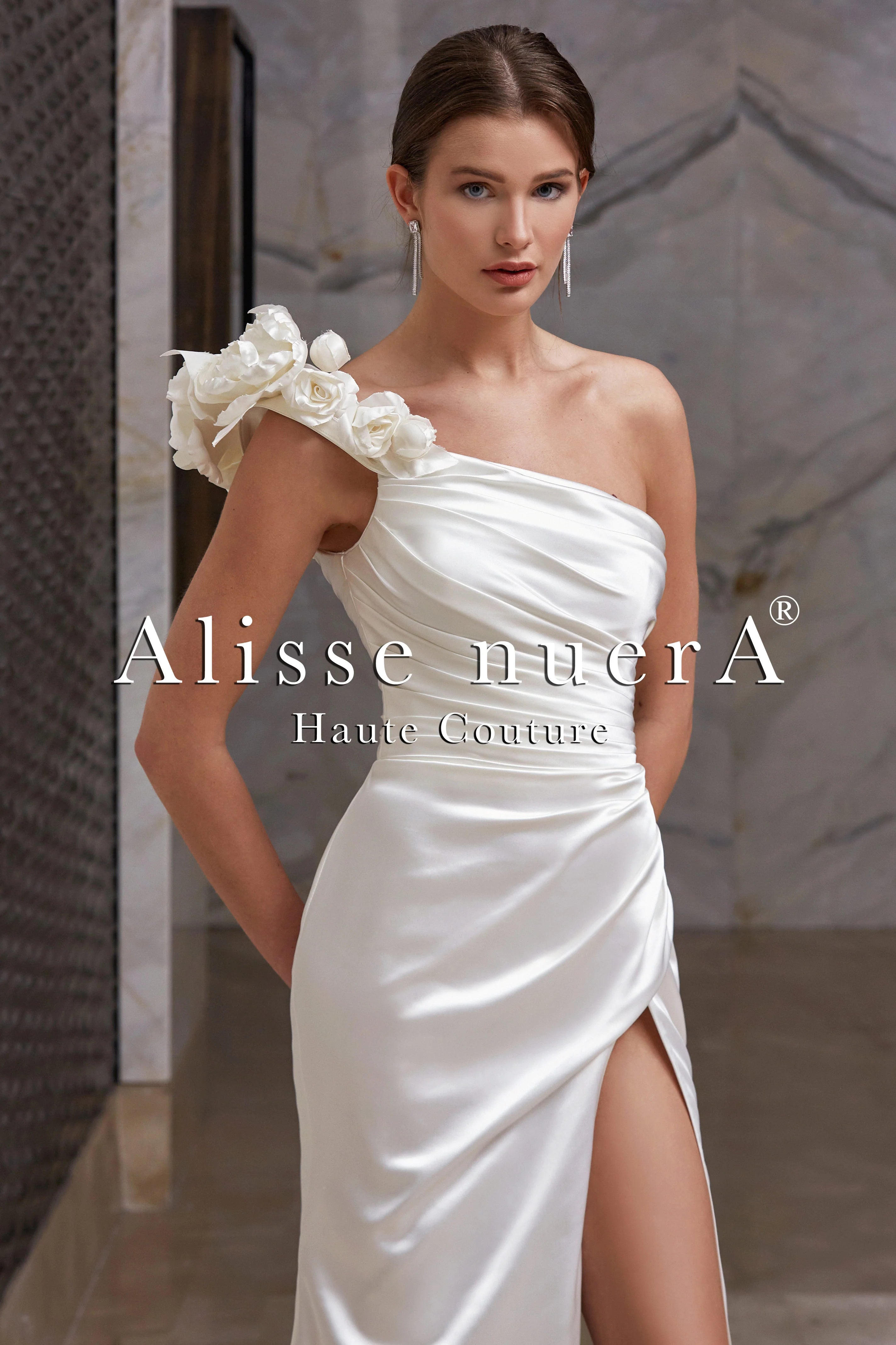 Traditional Gown One Shoulder Satin Leg Slit Draped Pencil Wedding Dress