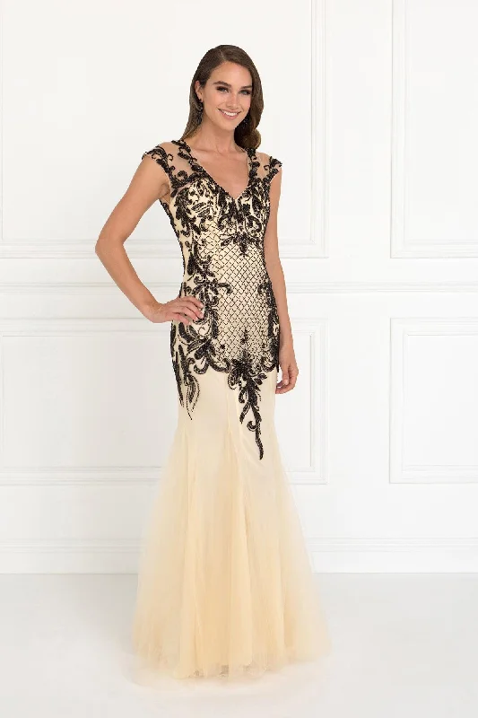 Designer Gown Prom Long Cap Sleeve V-Neckline Formal Dress evening Gown