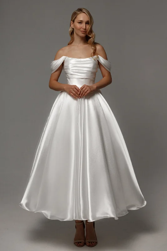 Pearl Embellished Dress Organza Tea Length Wedding Dress Alraune